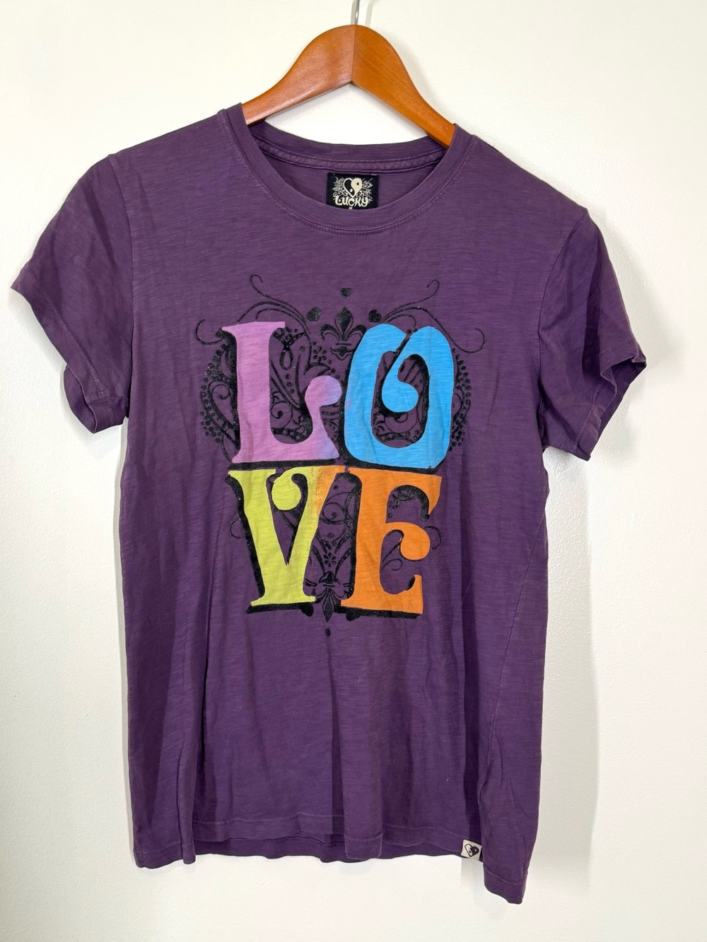 Lucky Brand Purple Short Sleeve Tee Colorful LOVE Graphic Medium Y2K Vintage